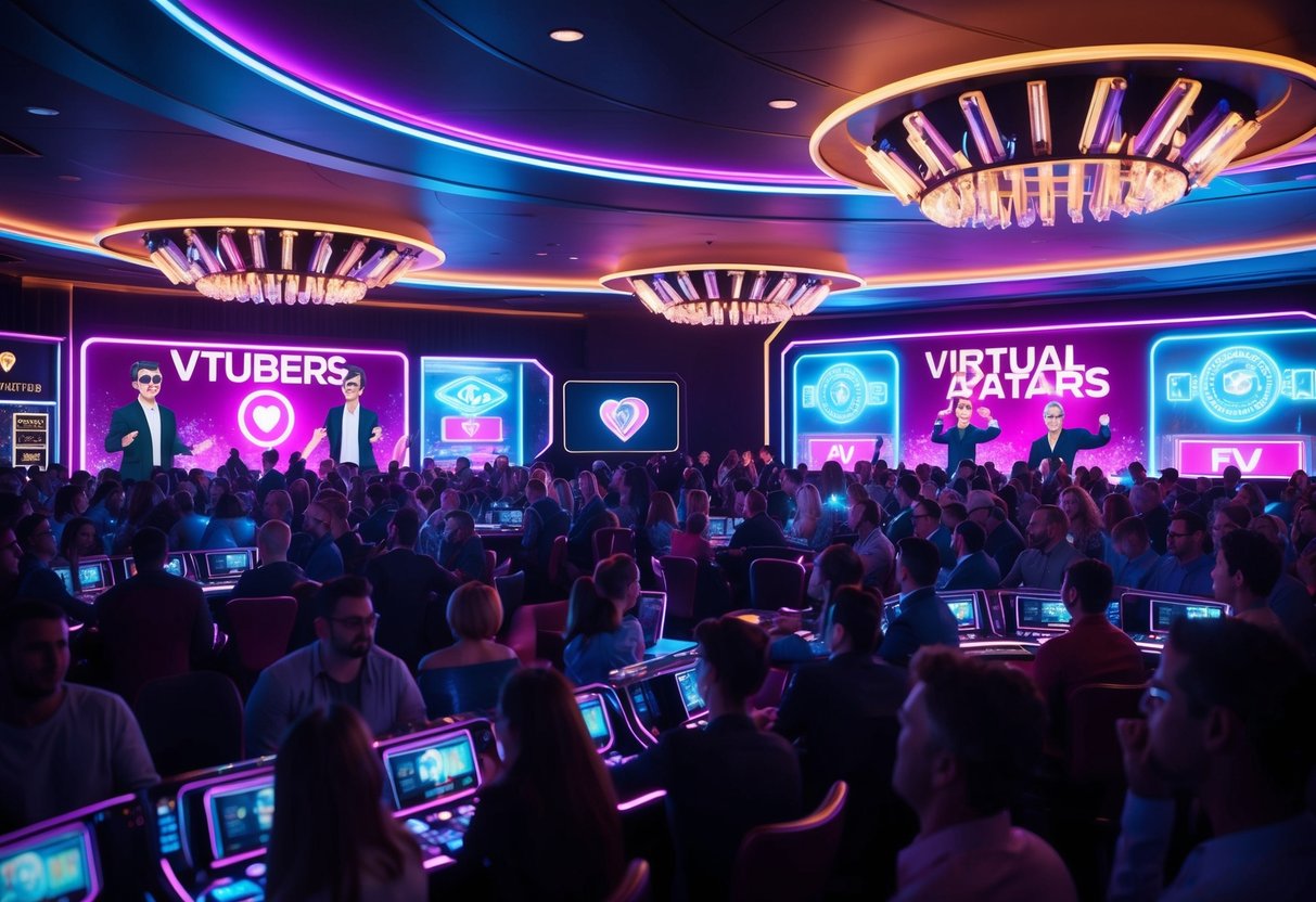 A futuristic casino with neon lights and holographic displays, featuring virtual avatars of the top 5 VTubers entertaining a lively crowd